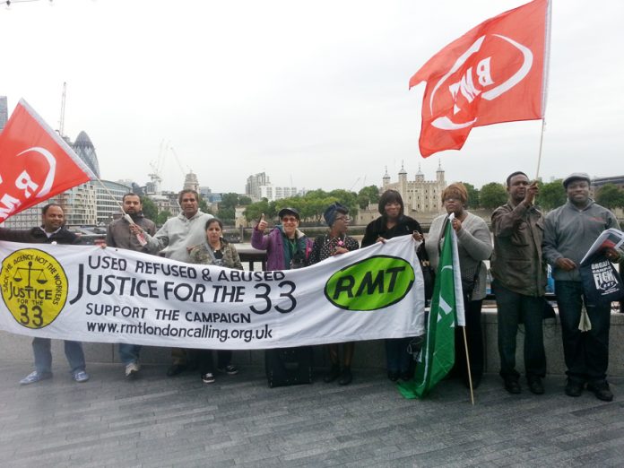 Lively and determined London Underground workers picketing Mayor Johnson’s City Hall offices demanding their jobs back