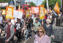 One of several FBU demonstrations in London this year against plans to close fire stations, axe appliances and sack firefighters