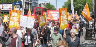 One of several FBU demonstrations in London this year against plans to close fire stations, axe appliances and sack firefighters