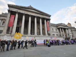 ‘DON’T GO BREAKING MY ARTS’ – eight unions launch campaign to stop funding cuts Campaigners against cuts in art and culture funding created a human chain circle outside the National Gallery in Trafalgar Square