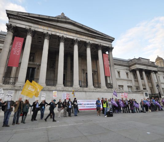 Campaigners against cuts in art and culture funding created a human chain circle outside the National Gallery in Trafalgar Square