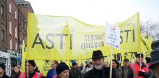 ASTI members with their banner on last February’s march in Dublin against paying for the bankers’ crisis