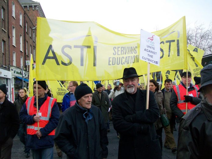 ASTI members with their banner on last February’s march in Dublin against paying for the bankers’ crisis
