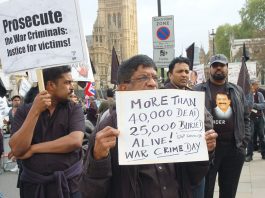 PROBE SRI LANKA WAR CRIMES demands TNA MP Tamils at a rally in London in May 2010 the anniversary of the Sri Lankan army massacre of over 40,000 Tamils at Mullivaikkal