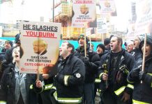 Firefighters lobbying the London Fire Authority in Southwark against the threat of closure of fire stations and loss of 520 jobs