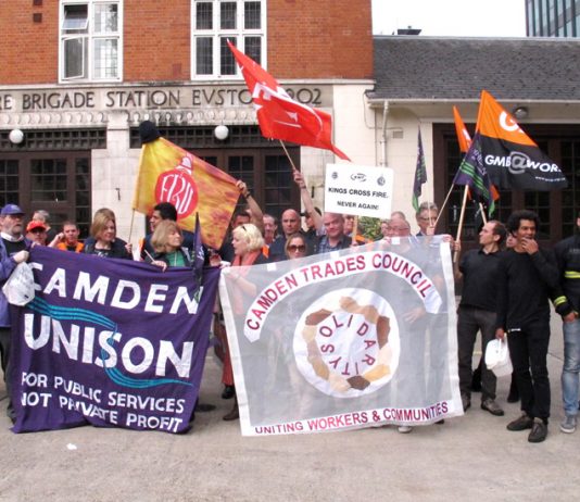 Firefighters were joined on the picket line at Euston Fire Station by other unions Unison, GMB, RMT and TSSA