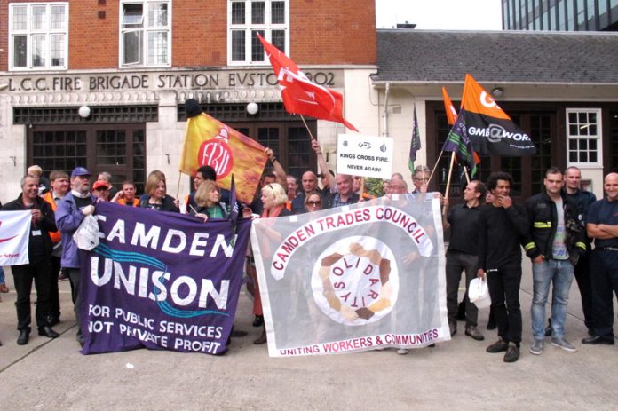 Firefighters were joined on the picket line at Euston Fire Station by other unions Unison, GMB, RMT and TSSA