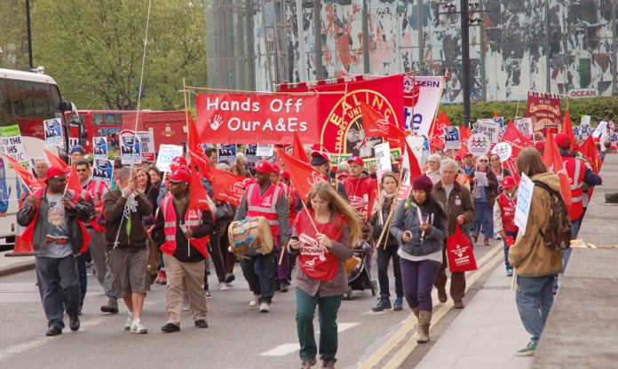 Demonstration in London to defend the capital’s A&Es – workers are determined that the NHS must remain a service providing the necessary quality care for all who need it