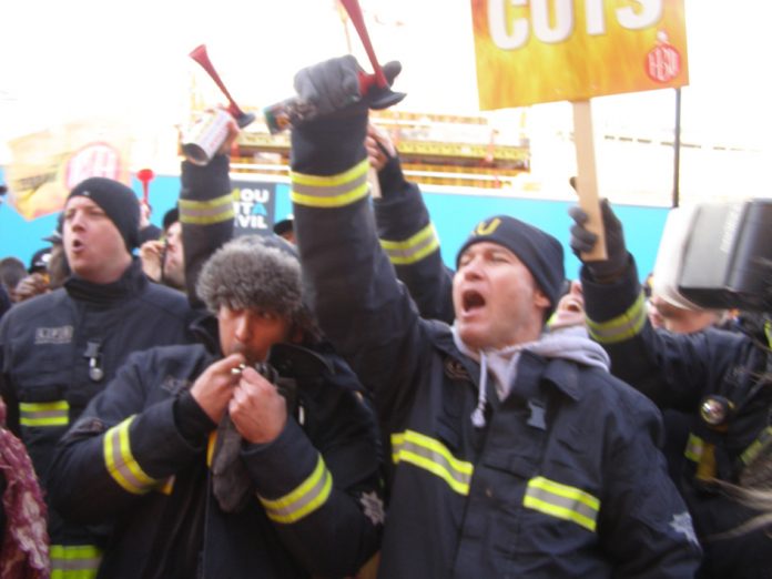 Firefighters defiantly lobbying the Fire Brigade HQ in Waterloo making clear they will not accept any cuts or sackings