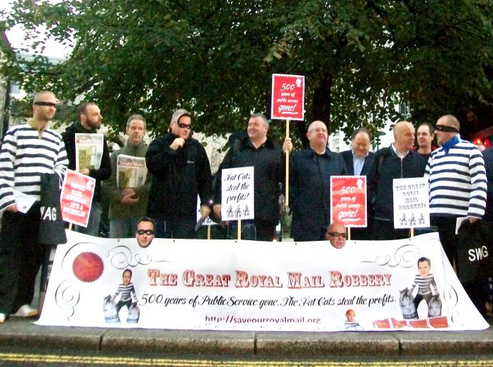 Postal workers lobbying the Stock Exchange at 7am Friday morning angrily opposing the sell-off of Royal Mail