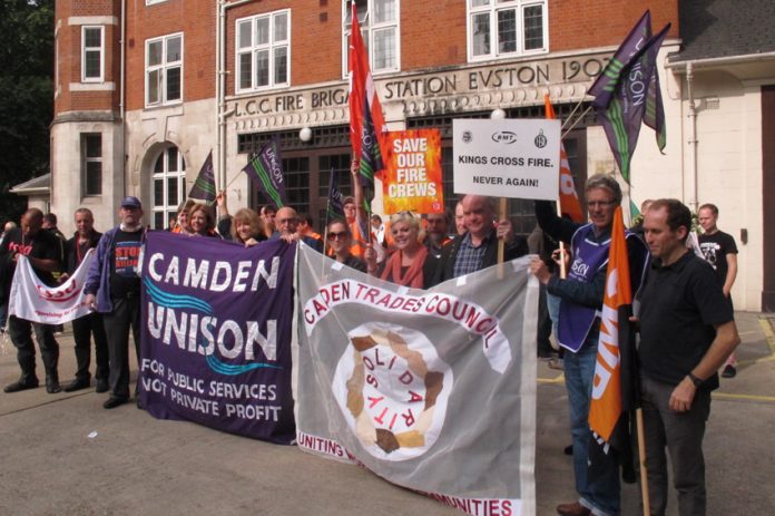 Trade unionists from the RMT, TSSA, Unison and the GMB joined the FBU picket line outside Euston fire station on September 25