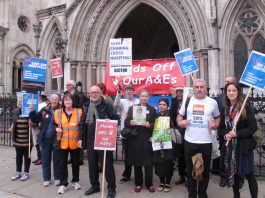 Lobby of the High Court last Wednesday demanding a judicial review to stop the closure of Ealing Hospital