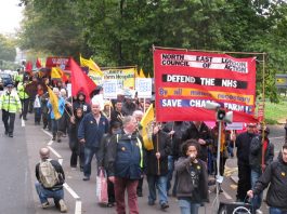 The front of Saturday’s 1,000-strong march to stop the closure of Chase Farm Hospital