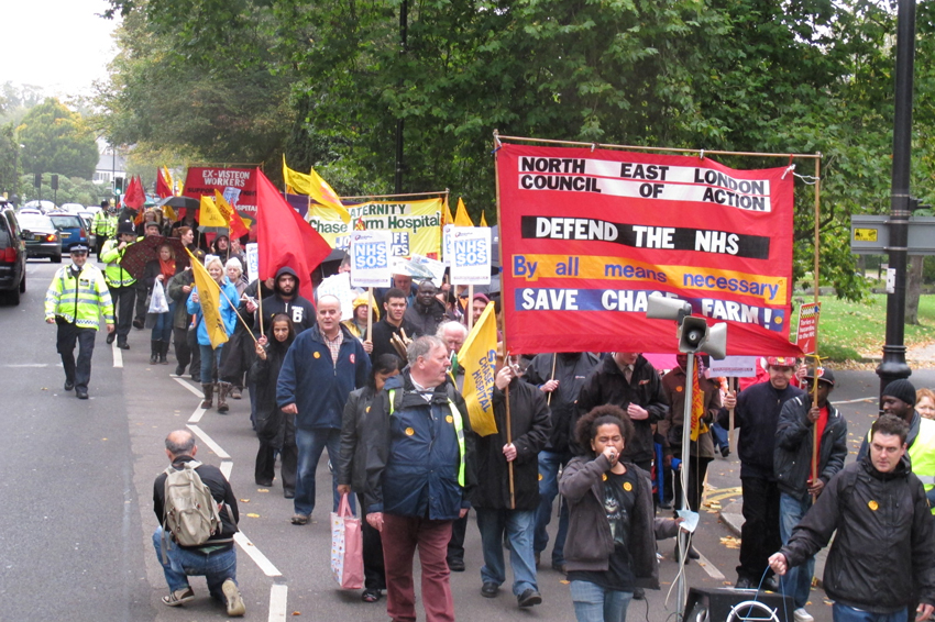 The front of Saturday’s 1,000-strong march to stop the closure of Chase Farm Hospital