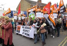 Carillion workers marching in Swindon – they have just voted 98.3% for industrial action