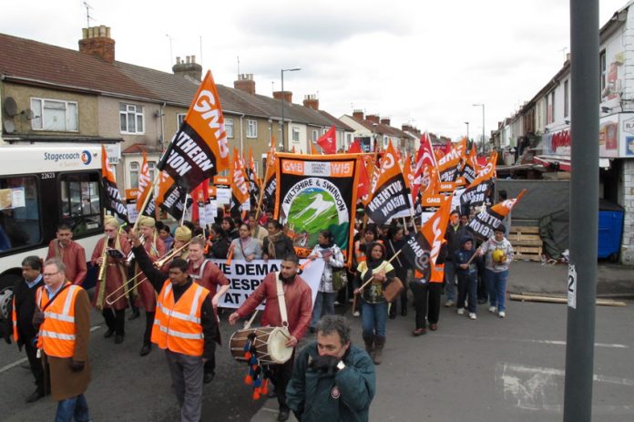 Carillion strikers marching through Swindon in March 2012