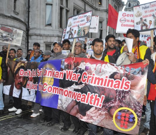 The front of Saturday’s Tamil march to Downing Street to demand the cancelling of the Commonwealth Conference in Sri Lanka