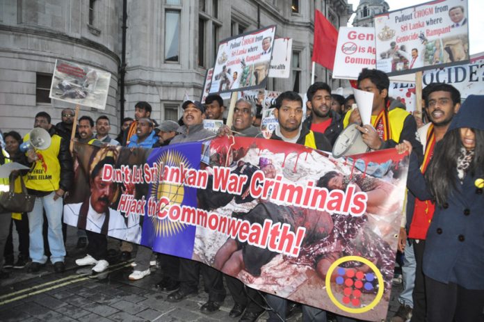 The front of Saturday’s Tamil march to Downing Street to demand the cancelling of the Commonwealth Conference in Sri Lanka