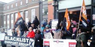 Cleaners in the GMB union, who are fighting against a 23 per cent pay cut, were supported by lecturers in the UCU union