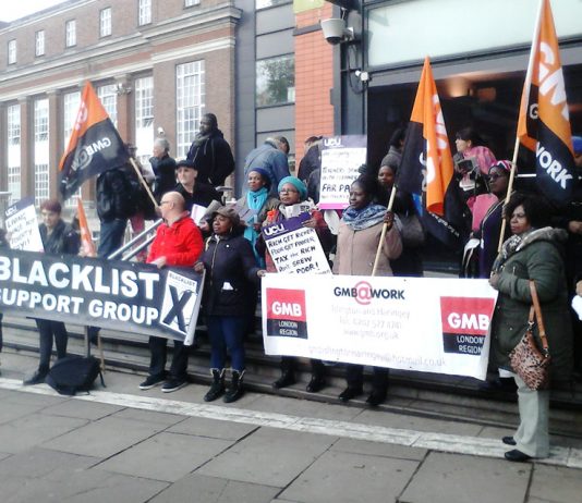 Cleaners in the GMB union, who are fighting against a 23 per cent pay cut, were supported by lecturers in the UCU union