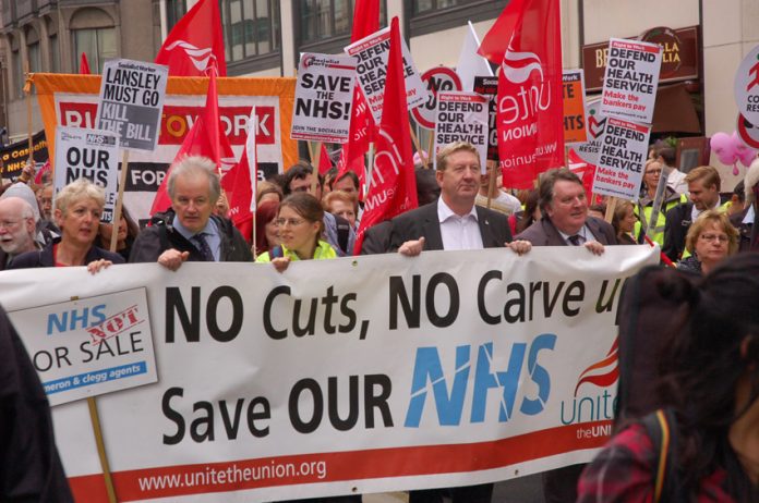 Unite General Secretary LEN McCLUSKEY (centre) heading a march in London in defence of the NHS in May