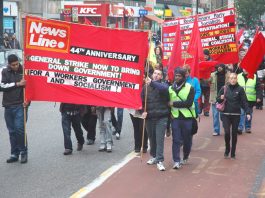 The front of Sunday’s march from Bethnal Green to the News Line Anniversary rally at Queen Mary University