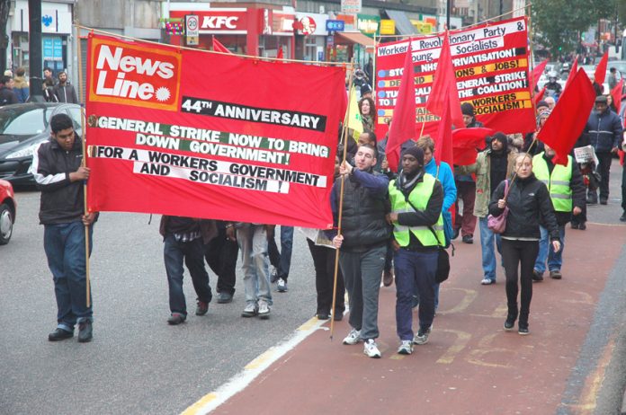 The front of Sunday’s march from Bethnal Green to the News Line Anniversary rally at Queen Mary University