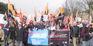 A large GMB contingent on the Ealing Save Our Hospitals march in April against the closure of four A&Es in west London