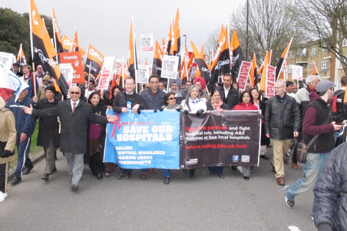 A large GMB contingent on the Ealing Save Our Hospitals march in April against the closure of four A&Es in west London