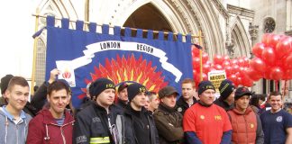 Part of the mass lobby of the law courts by 100 firefighters midday yesterday to stop Mayor Johnson’s savage cuts