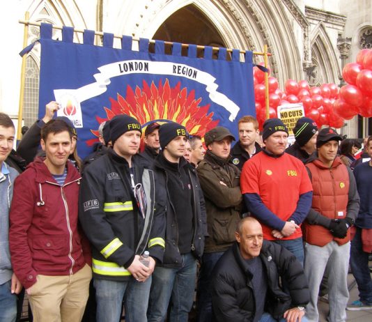 Part of the mass lobby of the law courts by 100 firefighters midday yesterday to stop Mayor Johnson’s savage cuts