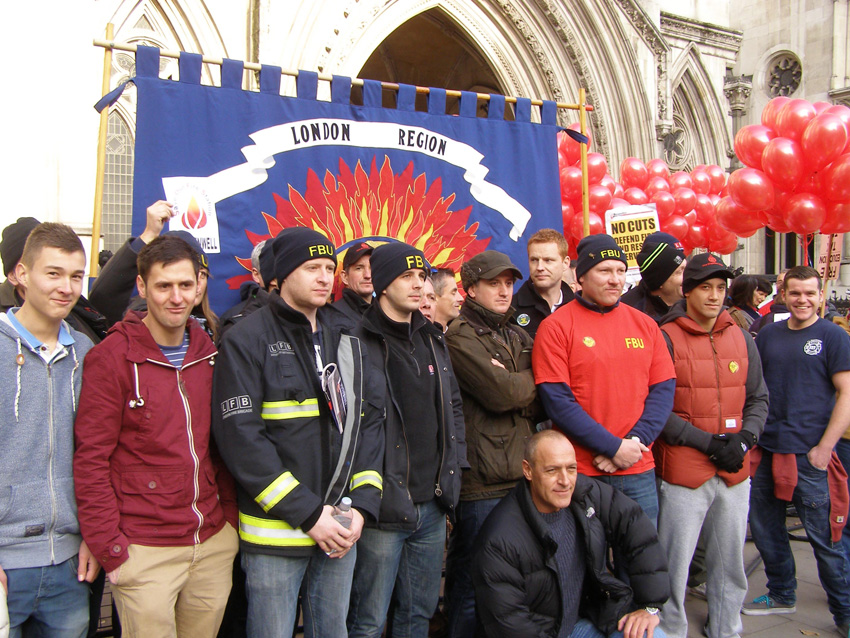 Part of the mass lobby of the law courts by 100 firefighters midday yesterday to stop Mayor Johnson’s savage cuts