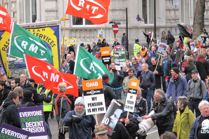 A demonstration in cental London against the government’s cuts including to pensions. The pension age will go up to 68 by the 2030s