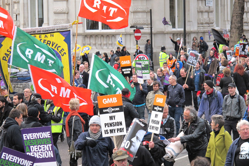 A demonstration in cental London against the government’s cuts including to pensions. The pension age will go up to 68 by the 2030s