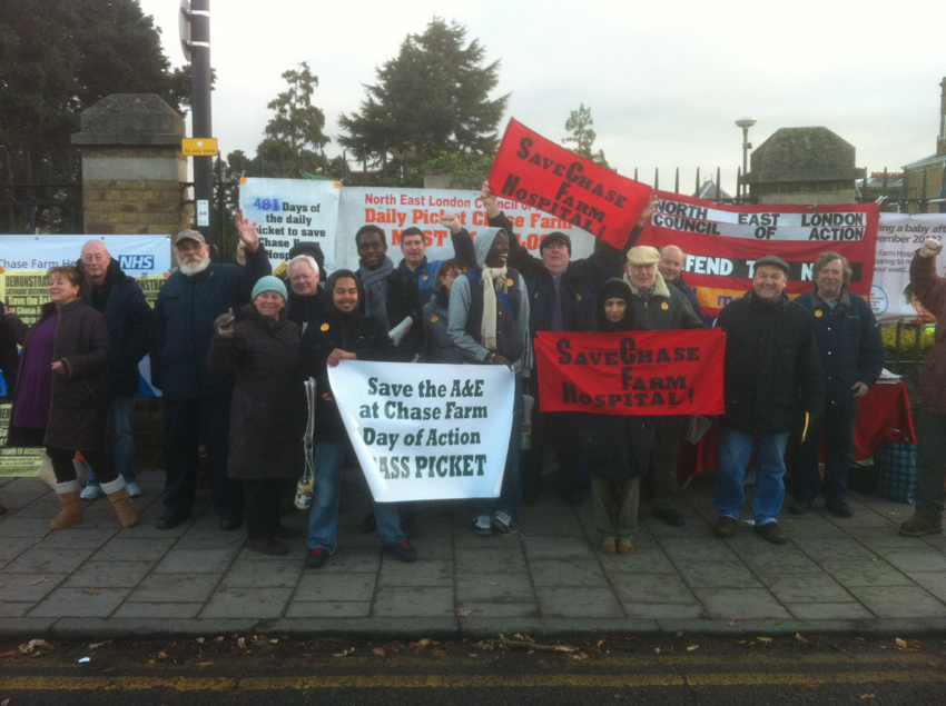 A big part of the 60-strong picket at Chase Farm Hospital yesterday