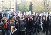 Students break through the locked gates at Senate House during their protest against police violence and management’s plan to close ULU