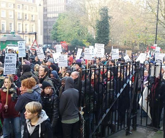 Students break through the locked gates at Senate House during their protest against police violence and management’s plan to close ULU