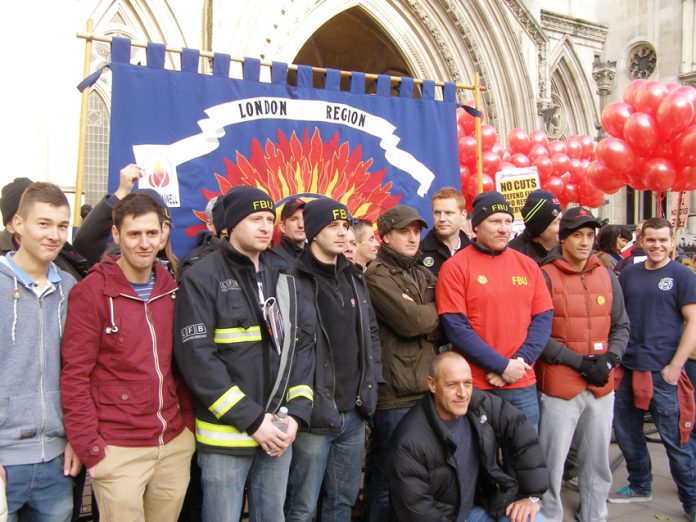 Firefighters at the High Court fighting the government’s plan to destroy their pensions and shut down fire stations