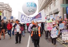 Marchers in London urging: defend the NHS and stop privatisation – the GMB is now fighting an attempt to privatise an elderly people’s service contract in Cambridge which is being presented as a £1bn deal