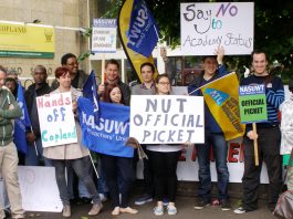 NUT and NASUWT teachers on the picket line at Copland Community School during strike action in July against becoming an academy
