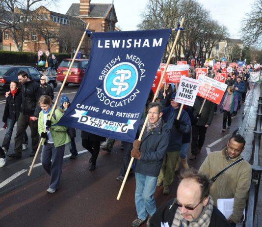 BMA banner on the march to keep Lewisham Hospital open – BMA is emphasising that council cuts do have a negative affect on heath