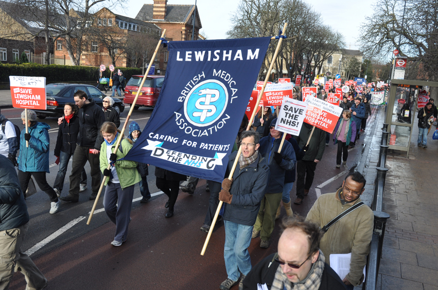 BMA banner on the march to keep Lewisham Hospital open – BMA is emphasising that council cuts do have a negative affect on heath