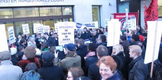 The over 200-strong demonstration against Legal Aid cuts outside Westminster Magistrates Court in London yesterday morning