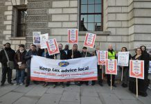 PCS lobby outside the HMRC yesterday morning demanding that all the HMRC Enquiry Centres be kept open