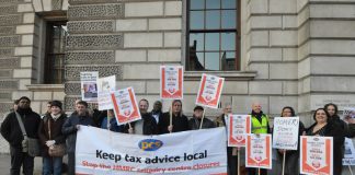 PCS lobby outside the HMRC yesterday morning demanding that all the HMRC Enquiry Centres be kept open