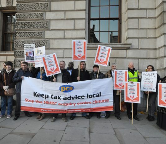 PCS lobby outside the HMRC yesterday morning demanding that all the HMRC Enquiry Centres be kept open