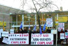 A large and lively picket of striking teachers outside Copland Community School in Wembley yesterday morning