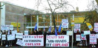 A large and lively picket of striking teachers outside Copland Community School in Wembley yesterday morning