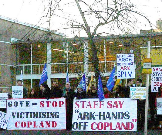 A large and lively picket of striking teachers outside Copland Community School in Wembley yesterday morning