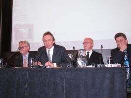 Platform at Tuesday night’s news conference at the Law Society in London. (L-R) Professor William Shabar, meeting chair Michael Fordham QC, Phil Shiner and Wolfgang Kaleck